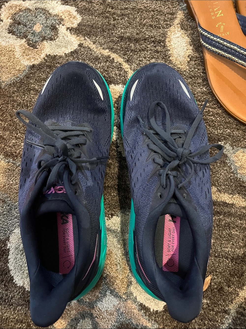 Hoka Clifton 8 Navy Athletic Sneakers with Teal Midsole and Pink Insole